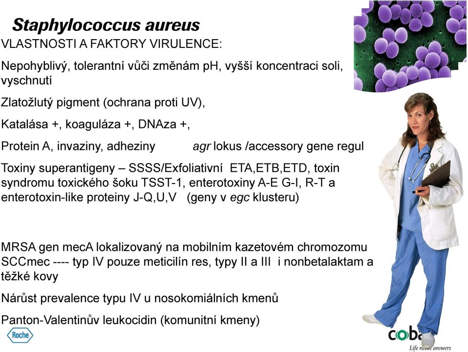 toxického šoku TSST-1, enterotoxiny A-E G-I, R-T a enterotoxin-like proteiny J-Q,U,V (geny v egc klusteru) MRSA gen meca lokalizovaný na mobilním kazetovém chromozomu