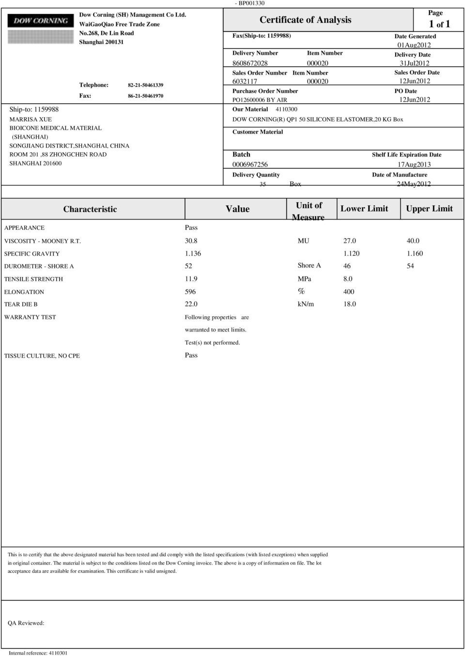 201600 - BP001330 Certificate of Analysis Fax(Ship-to: 1159988) Delivery Number Item Number 8608672028 000020 Sales Order Number Item Number 6032117 000020 Purchase Order Number PO12600006 BY AIR Our