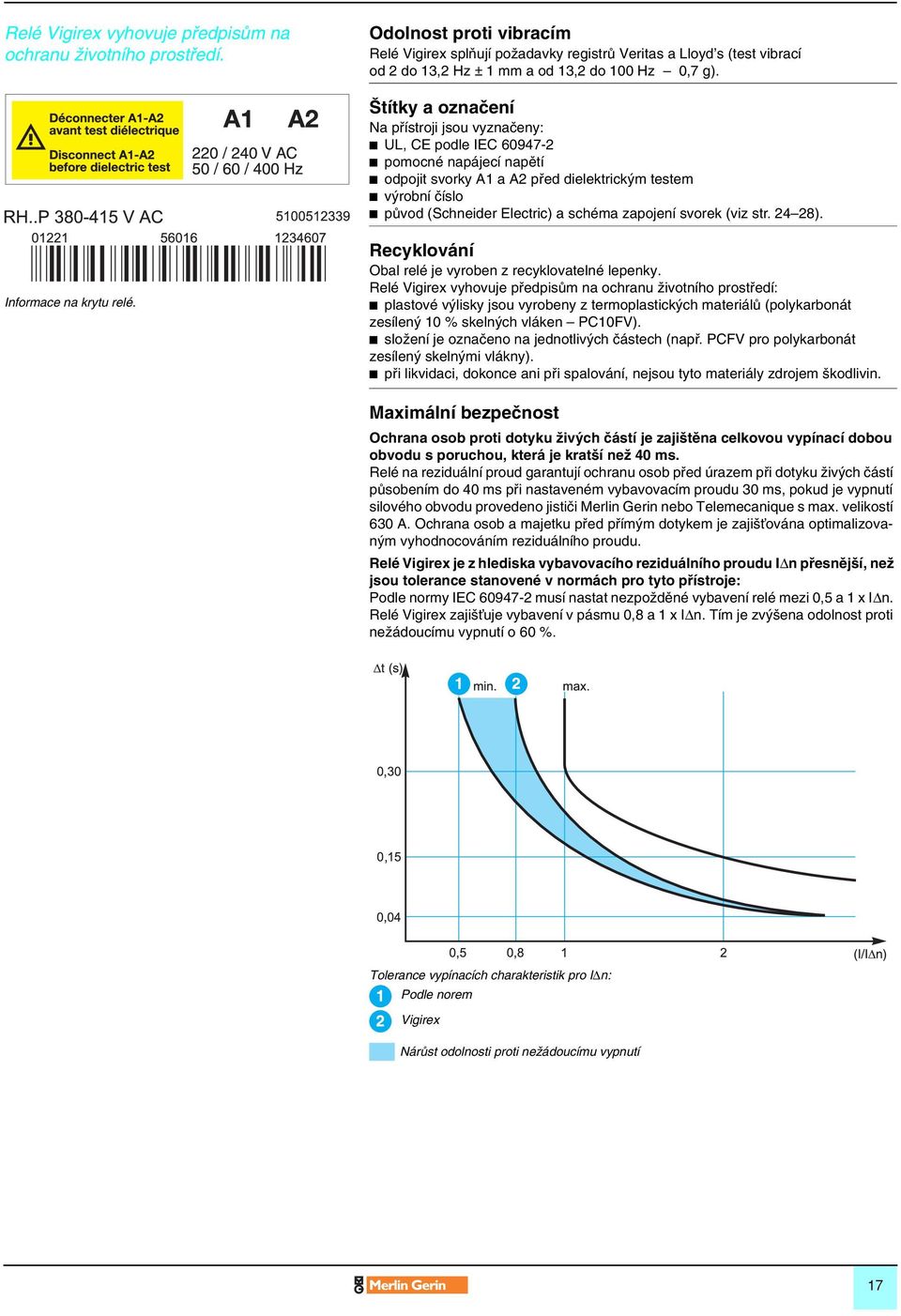 títky a oznaãení Na pfiístroji jsou vyznaãeny: UL, CE podle IEC 60947-2 pomocné napájecí napûtí odpojit svorky A1 a A2 pfied dielektrick m testem v roní ãíslo pûvod (Schneider Electric) a schéma