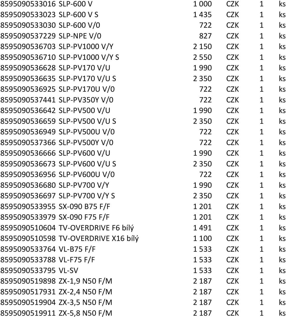 SLP-PV350Y V/0 722 CZK 1 ks 8595090536642 SLP-PV500 V/U 1 990 CZK 1 ks 8595090536659 SLP-PV500 V/U S 2 350 CZK 1 ks 8595090536949 SLP-PV500U V/0 722 CZK 1 ks 8595090537366 SLP-PV500Y V/0 722 CZK 1 ks