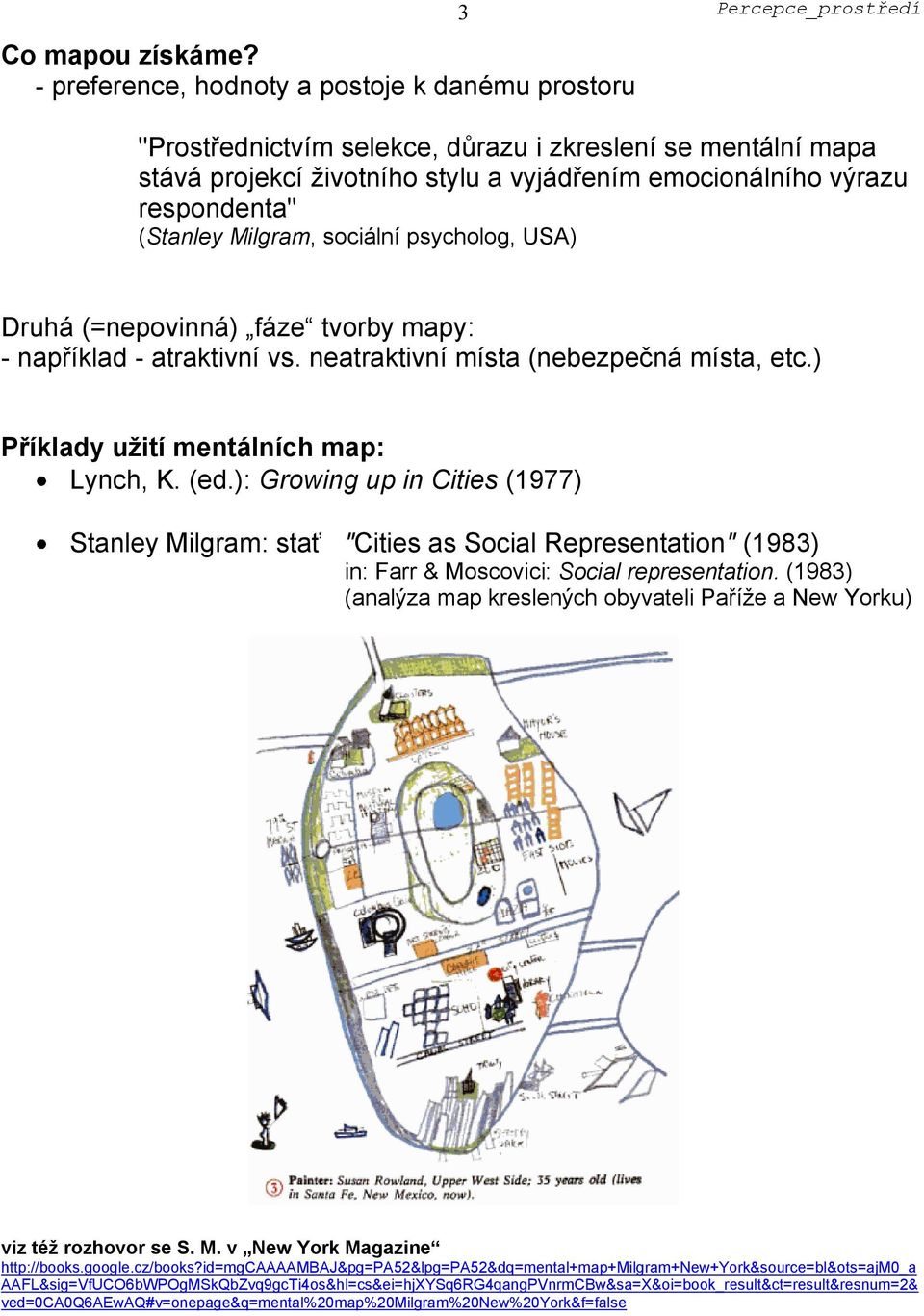 (Stanley Milgram, sociální psycholog, USA) Druhá (=nepovinná) fáze tvorby mapy: - například - atraktivní vs. neatraktivní místa (nebezpečná místa, etc.) Příklady užití mentálních map: Lynch, K. (ed.