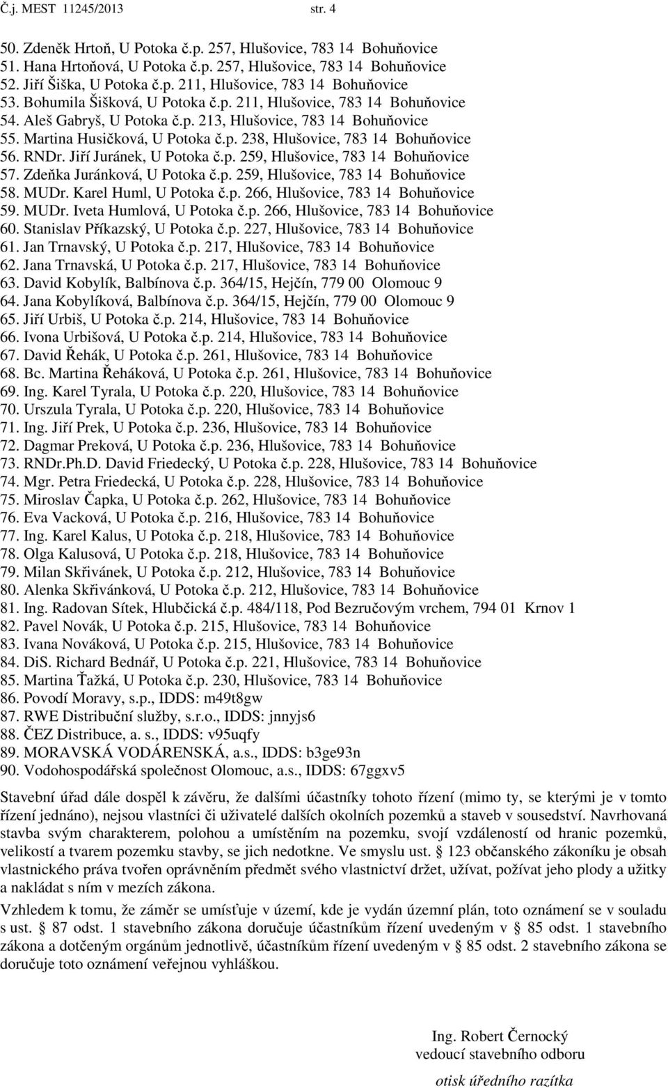 RNDr. Jiří Juránek, U Potoka č.p. 259, Hlušovice, 783 14 Bohuňovice 57. Zdeňka Juránková, U Potoka č.p. 259, Hlušovice, 783 14 Bohuňovice 58. MUDr. Karel Huml, U Potoka č.p. 266, Hlušovice, 783 14 Bohuňovice 59.