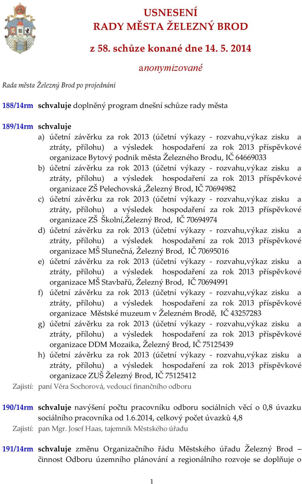 2014 anonymizované 188/14rm schvaluje doplněný program dnešní schůze rady města 189/14rm schvaluje a) účetní závěrku za rok 2013 (účetní výkazy - rozvahu,výkaz zisku a organizace Bytový podnik města