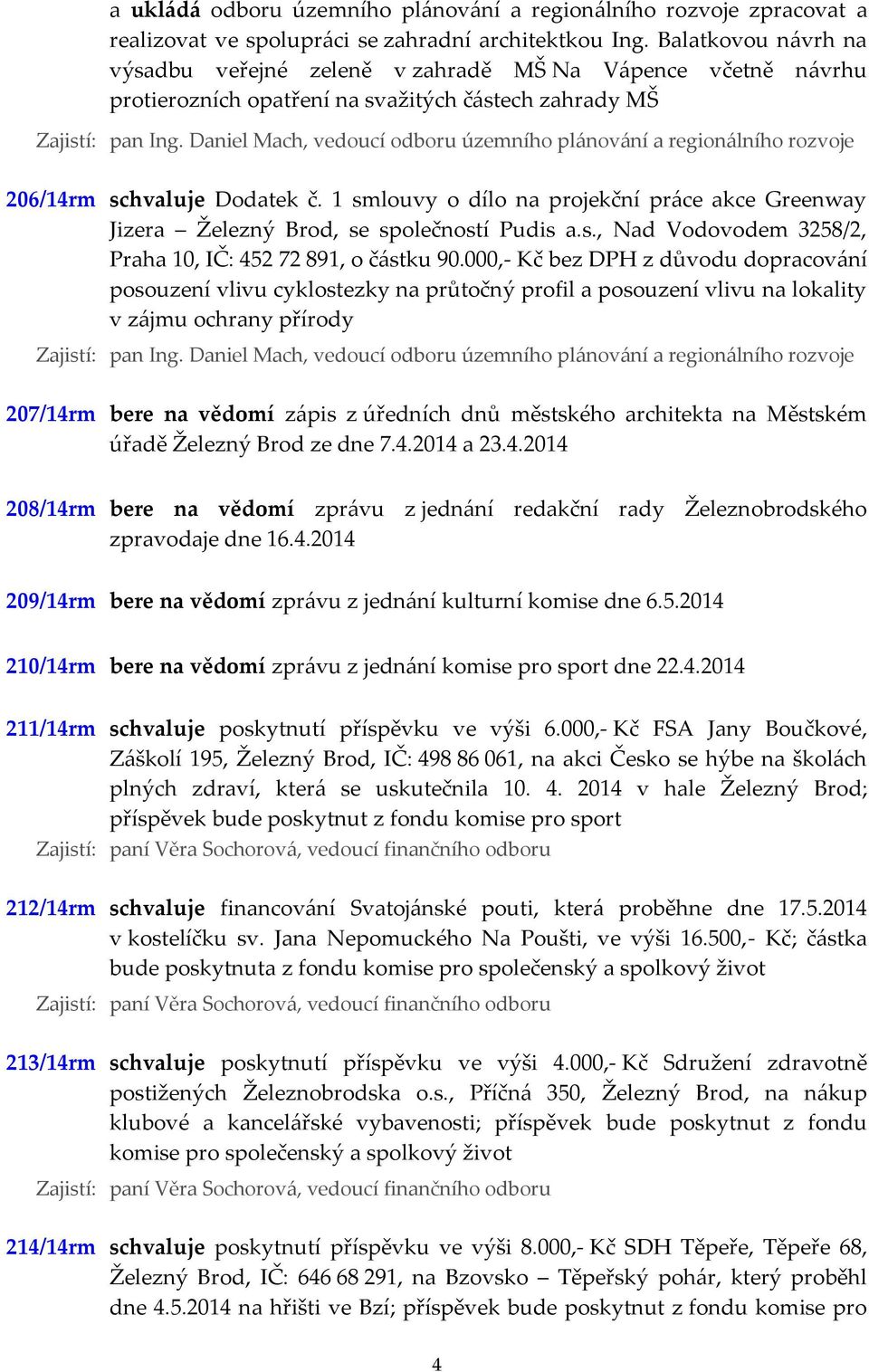 1 smlouvy o dílo na projekční práce akce Greenway Jizera Železný Brod, se společností Pudis a.s., Nad Vodovodem 3258/2, Praha 10, IČ: 452 72 891, o částku 90.