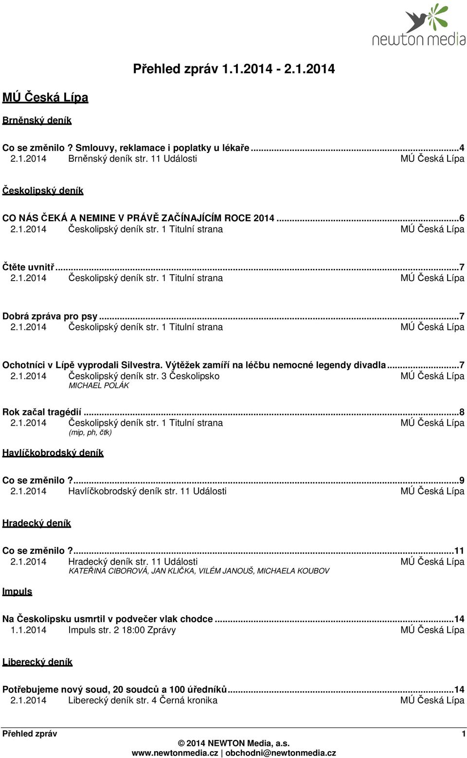 .. 7 2.1.2014 Českolipský deník str. 1 Titulní strana MÚ Česká Lípa Ochotníci v Lípě vyprodali Silvestra. Výtěžek zamíří na léčbu nemocné legendy divadla... 7 2.1.2014 Českolipský deník str. 3 Českolipsko MÚ Česká Lípa MICHAEL POLÁK Rok začal tragédií.