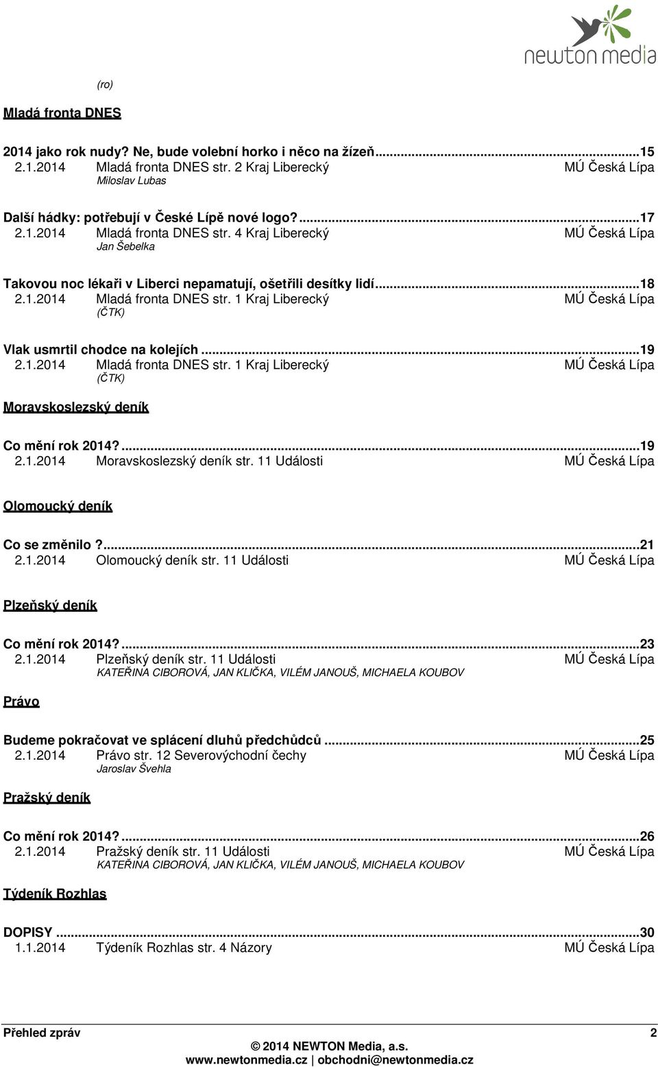 4 Kraj Liberecký MÚ Česká Lípa Jan Šebelka Takovou noc lékaři v Liberci nepamatují, ošetřili desítky lidí... 18 2.1.2014 Mladá fronta DNES str.