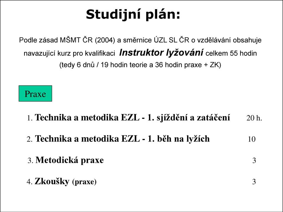 hodin teorie a 36 hodin praxe + ZK) Praxe 1. Technika a metodika EZL - 1.