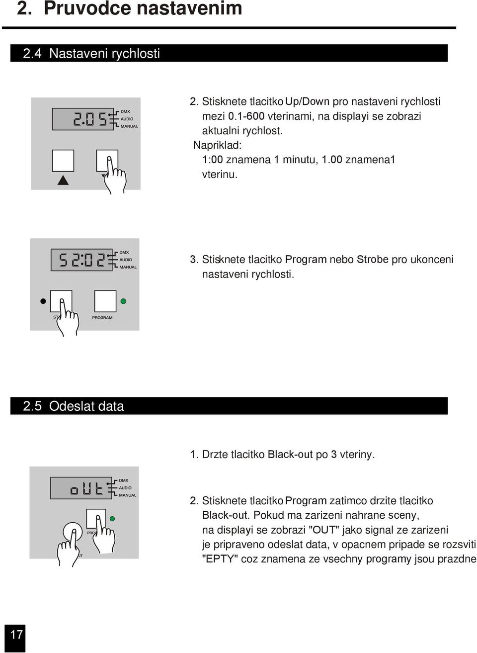 Stisknete tlacitko Program nebo Strobe pro ukonceni nastaveni rychlosti..5 Odeslat data 1. Drzte tlacitko Black-out po 3 vteriny.