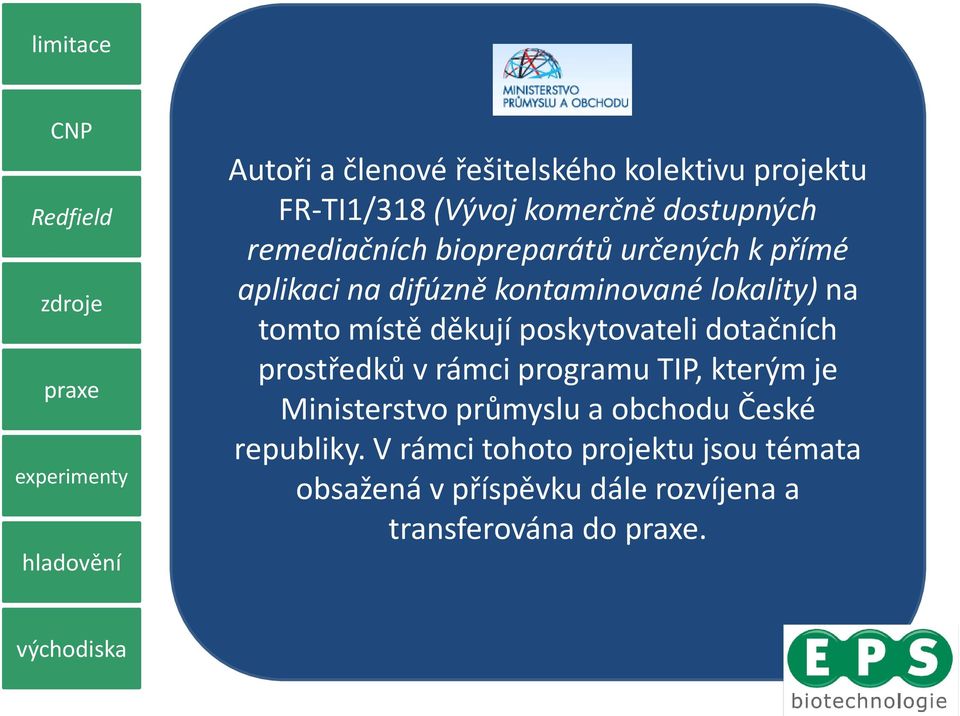 k přímé aplikaci na difúzně kontaminované lokality) na tomto místě děkují poskytovateli dotačních prostředků v rámci programu TIP,