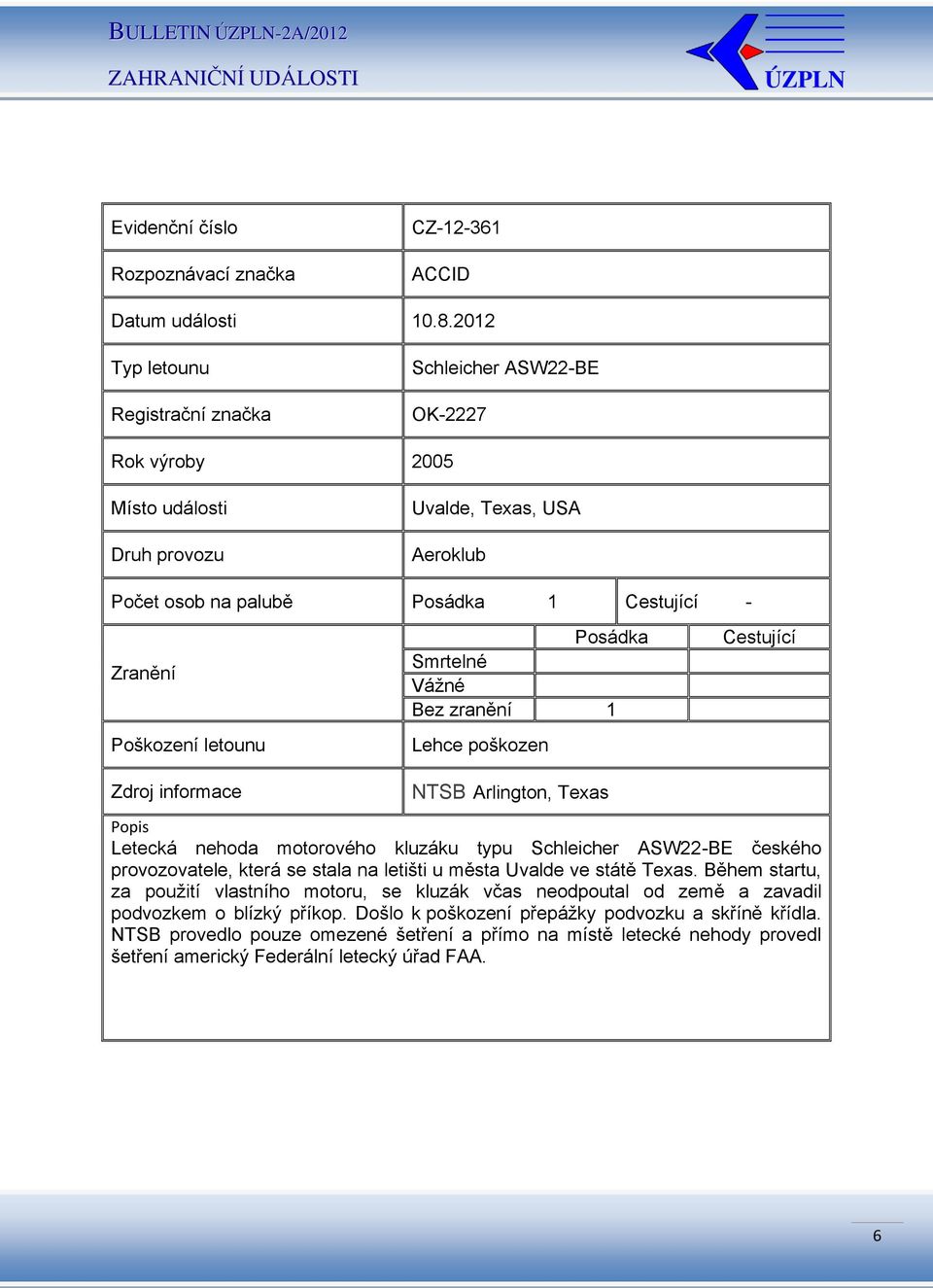 Cestující NTSB Arlington, Texas Letecká nehoda motorového kluzáku typu Schleicher ASW22-BE českého provozovatele, která se stala na letišti u města Uvalde ve