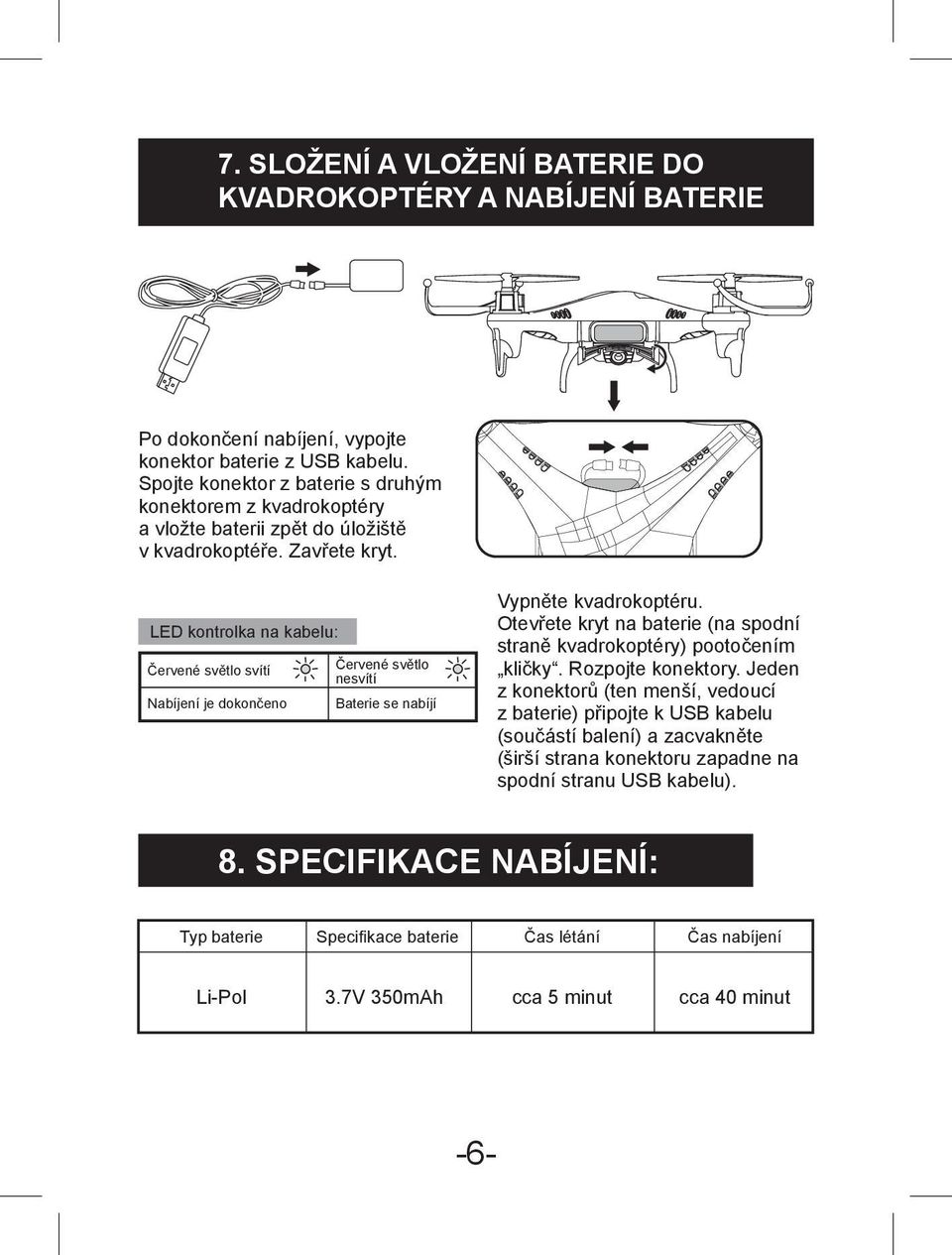 LED kontrolka na kabelu: Červené světlo svítí Nabíjení je dokončeno Červené světlo nesvítí Baterie se nabíjí Vypněte kvadrokoptéru.