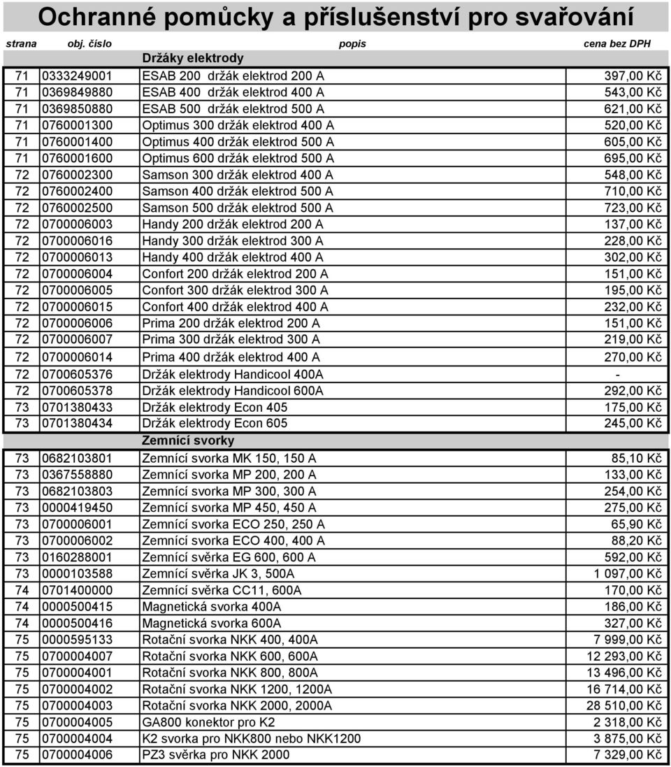 400 A 548,00 Kč 72 0760002400 Samson 400 držák elektrod 500 A 710,00 Kč 72 0760002500 Samson 500 držák elektrod 500 A 723,00 Kč 72 0700006003 Handy 200 držák elektrod 200 A 137,00 Kč 72 0700006016