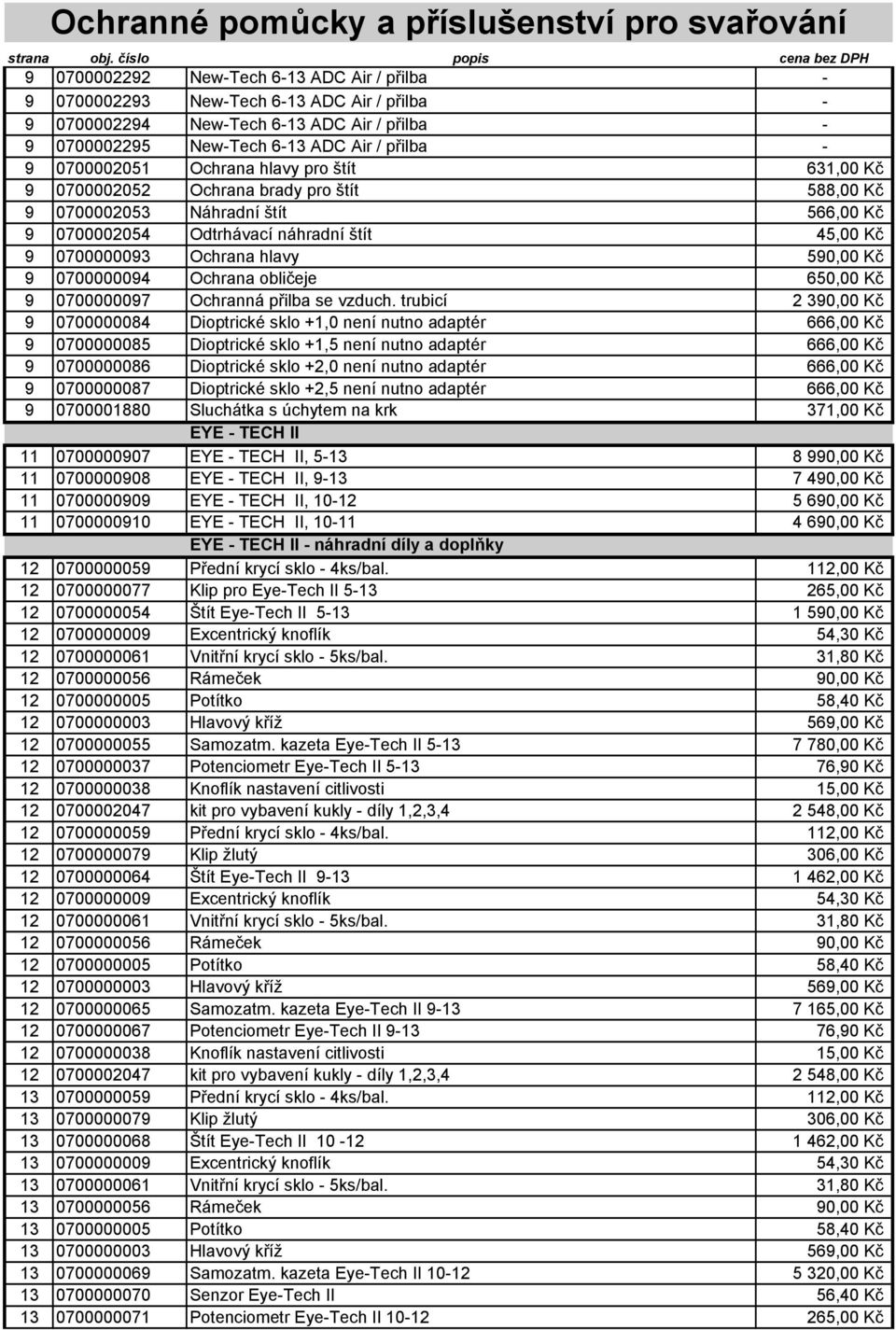 9 0700000094 Ochrana obličeje 650,00 Kč 9 0700000097 Ochranná přilba se vzduch.