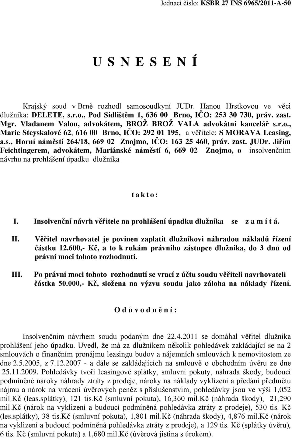 zast. JUDr. Jiřím Feichtingerem, advokátem, Mariánské náměstí 6, 669 02 Znojmo, o insolvenčním návrhu na prohlášení úpadku dlužníka t akto: I.