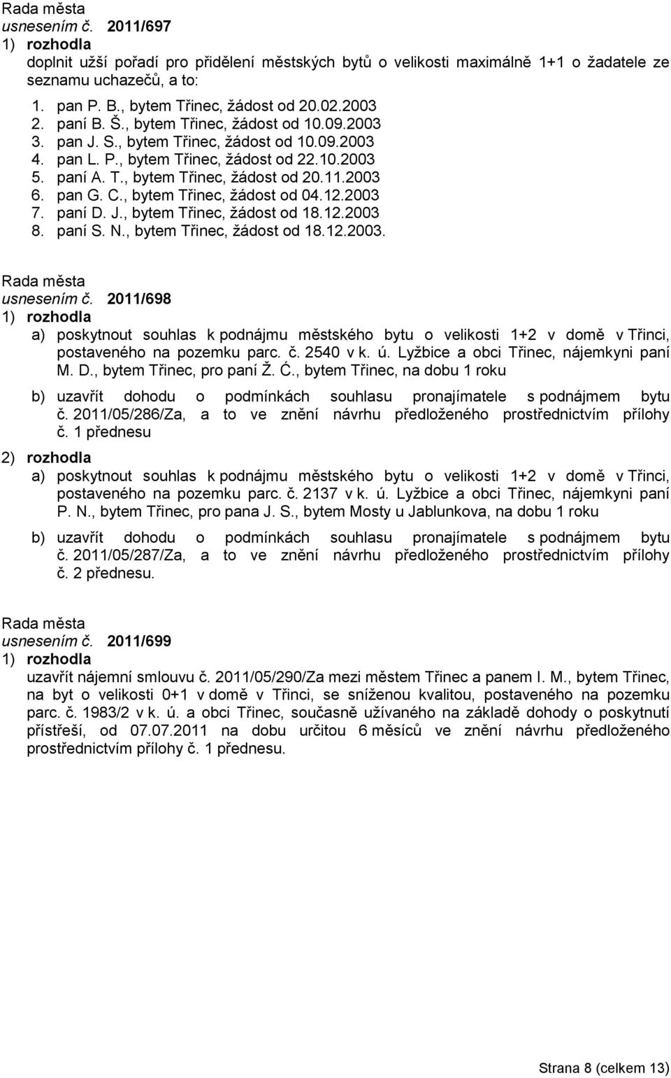 , bytem Třinec, ţádost od 04.12.2003 7. paní D. J., bytem Třinec, ţádost od 18.12.2003 8. paní S. N., bytem Třinec, ţádost od 18.12.2003. usnesením č.