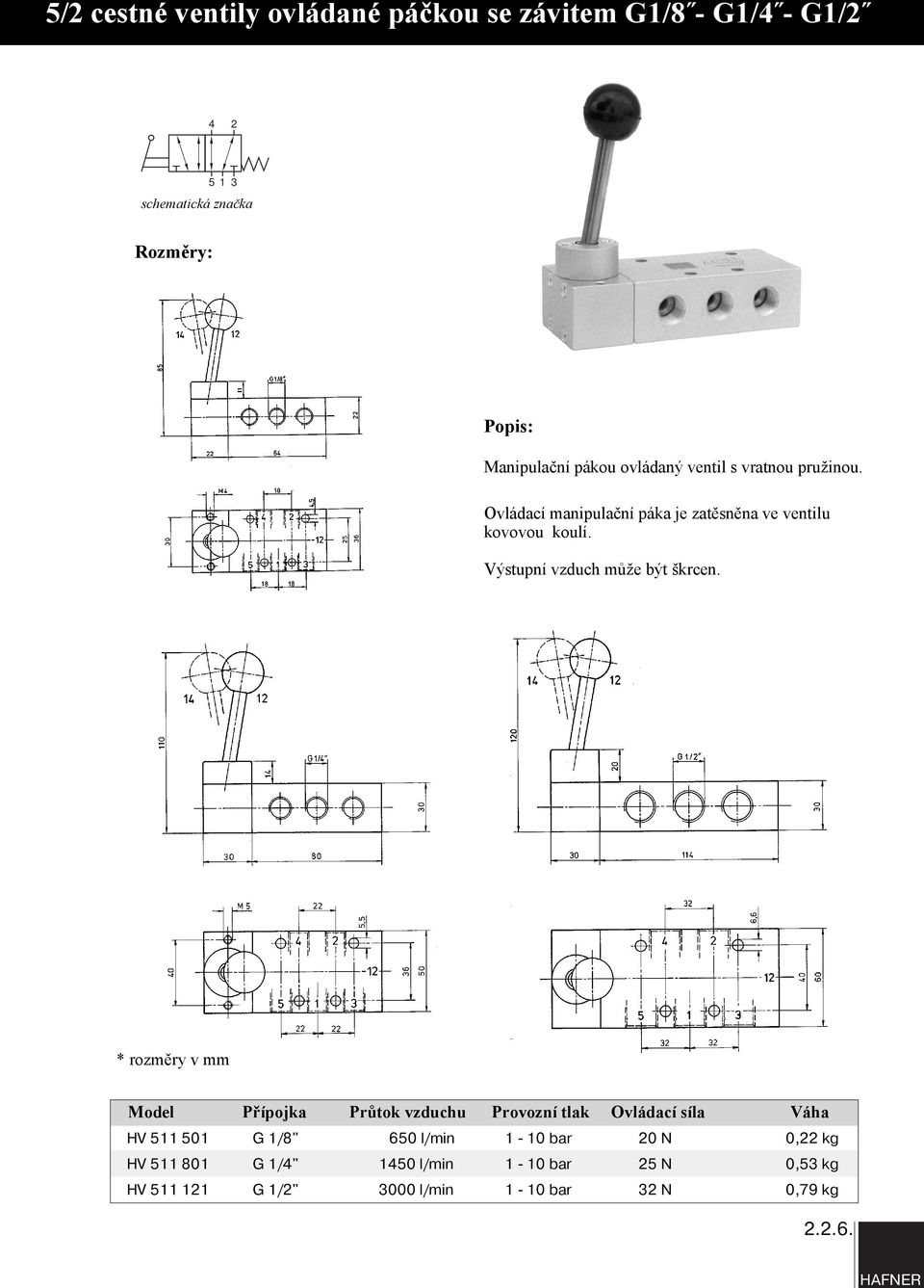 Model Přípojka Průtok vzduchu Provozní tlak Ovládací síla Váha HV 511 501 G 1/8" 650 l/min 1-10