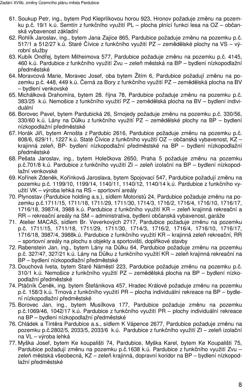 Kubík Ondřej, bytem Milheimova 577, Pardubice požaduje změnu na pozemku p.č. 4145, 460 k.ú. Pardubice z funkčního využití Zvu zeleň městská na BP bydlení nízkopodlažní 64.