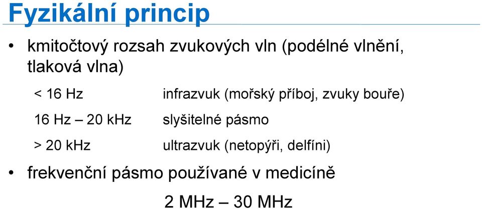 bouře) 16 Hz 20 khz slyšitelné pásmo > 20 khz ultrazvuk