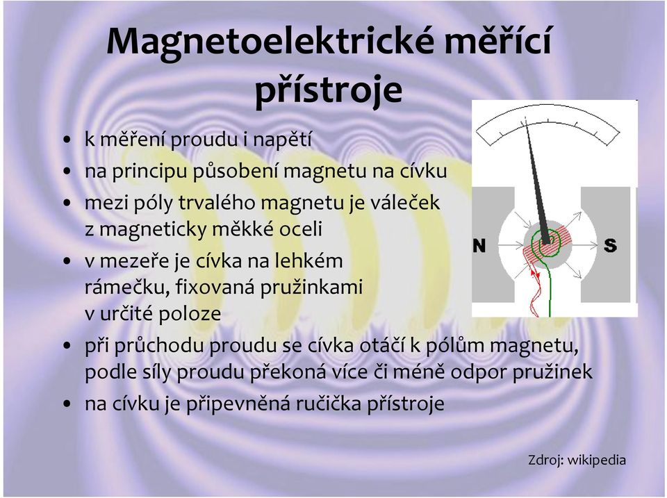 fixovaná pružinkami v určité poloze při průchodu proudu se cívka otáčí k pólům magnetu, podle síly