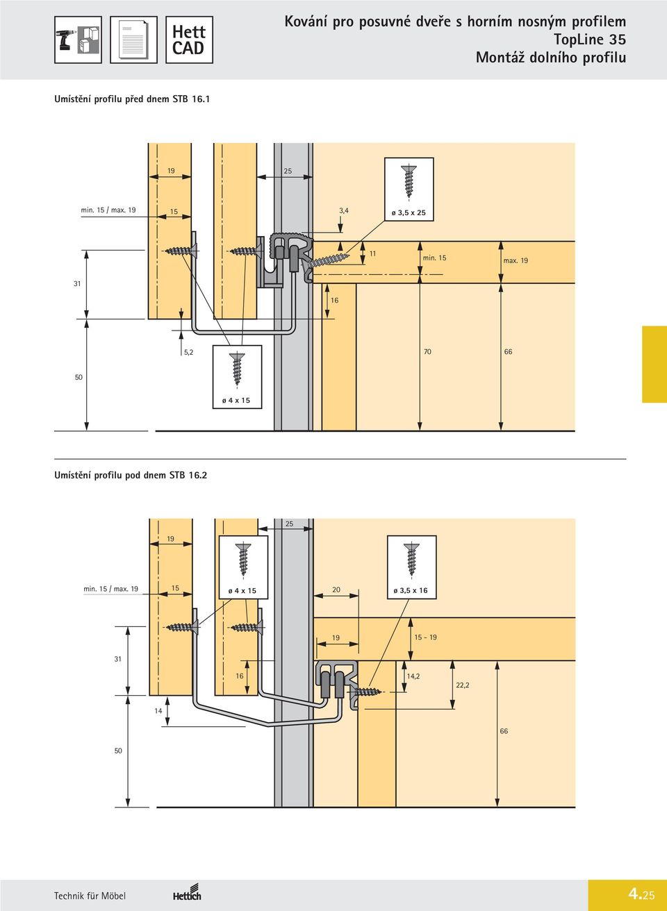 19 31 16 5,2 70 66 50 ø 4 x 15 Umístění profilu pod dnem STB 16.
