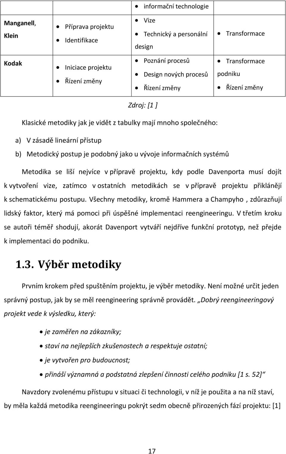 informačních systémů Metodika se liší nejvíce v přípravě projektu, kdy podle Davenporta musí dojít k vytvoření vize, zatímco v ostatních metodikách se v přípravě projektu přiklánějí k schematickému