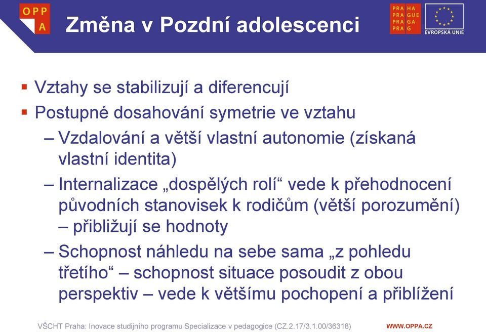 přehodnocení původních stanovisek k rodičům (větší porozumění) přibližují se hodnoty Schopnost náhledu