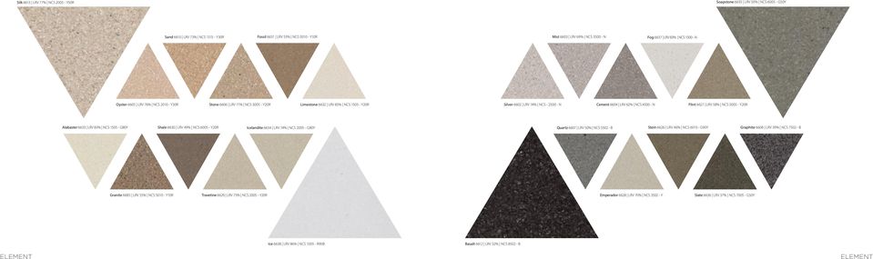 58% NCS 5005 - Y20R Alabaster 6633 LRV 83% NCS 1505 - G80Y Shale 6630 LRV 49% NCS 6005 - Y20R Icelandite 6634 LRV 74% NCS 2005 - G80Y Quartz 6607 LRV 50% NCS 5502 - B Stein 6626 LRV 46% NCS 6010 -