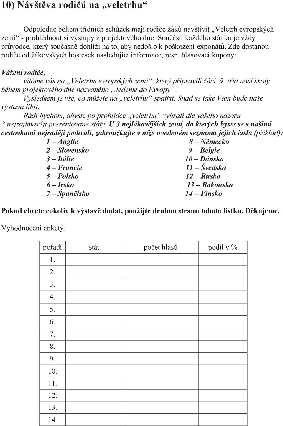hlasovací kupony: Vážení rodiče, vítáme vás na Veletrhu evropských zemí, který připravili žáci 9. tříd naší školy během projektového dne nazvaného Jedeme do Evropy.