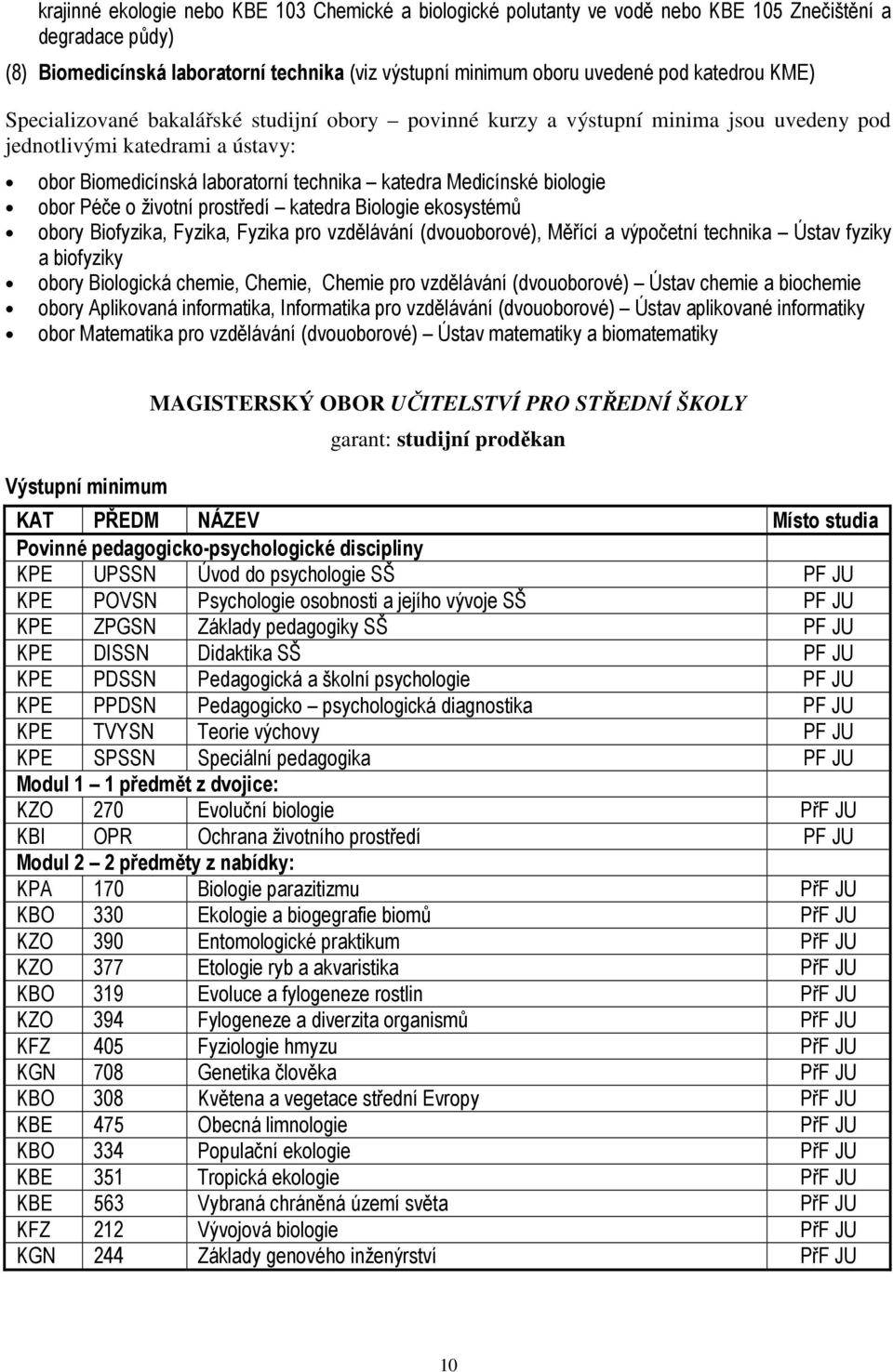 biologie obor Péče o životní prostředí katedra Biologie ekosystémů obory Biofyzika, Fyzika, Fyzika pro vzdělávání (dvouoborové), Měřící a výpočetní technika Ústav fyziky a biofyziky obory Biologická