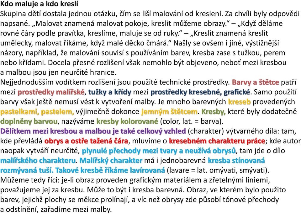 Našly se ovšem i jiné, výstižnější názory, například, že malování souvisí s používáním barev, kresba zase s tužkou, perem nebo křídami.