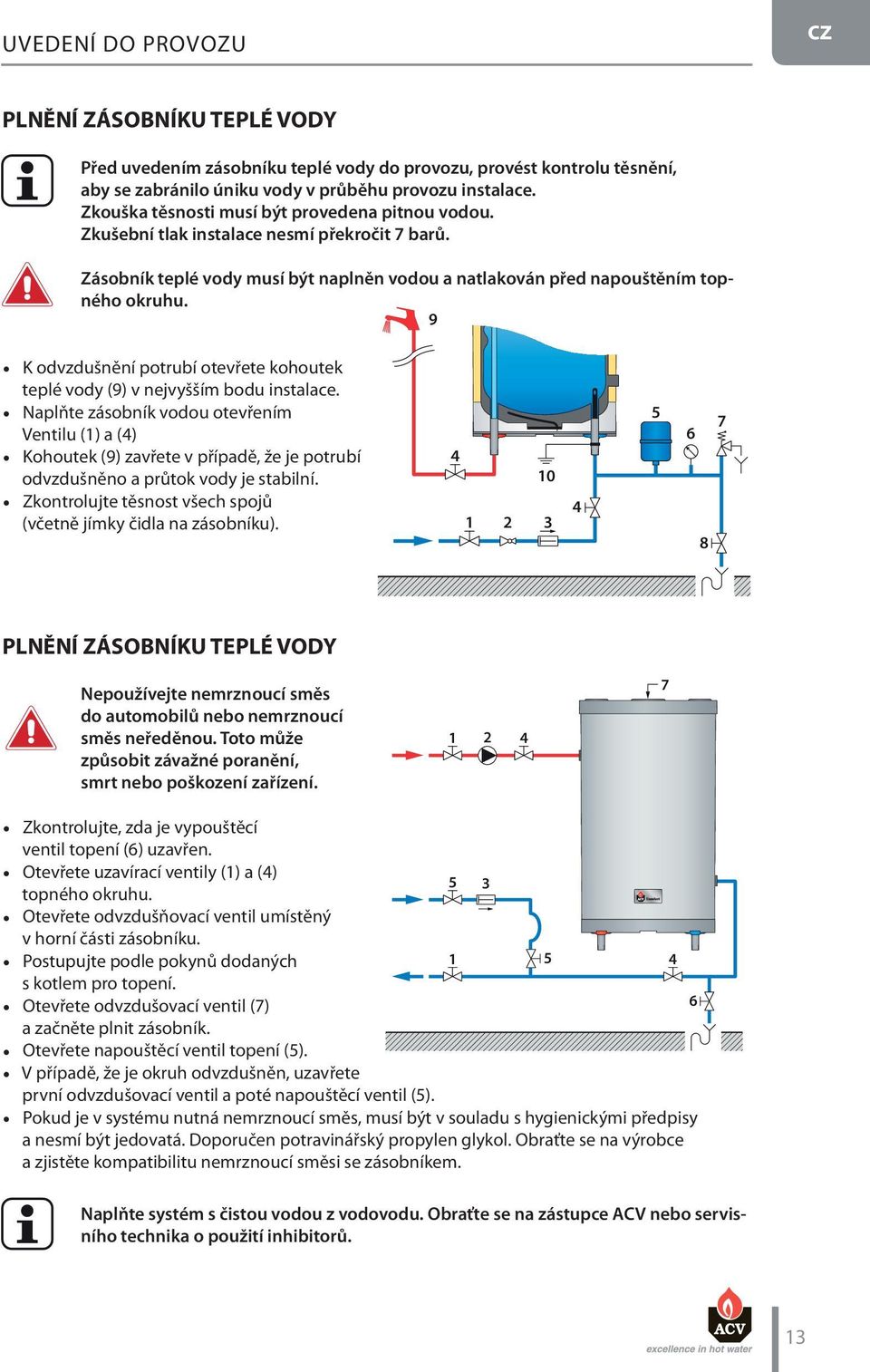 9 K odvzdušnění potrubí otevřete kohoutek teplé vody (9) v nejvyšším bodu instalace.