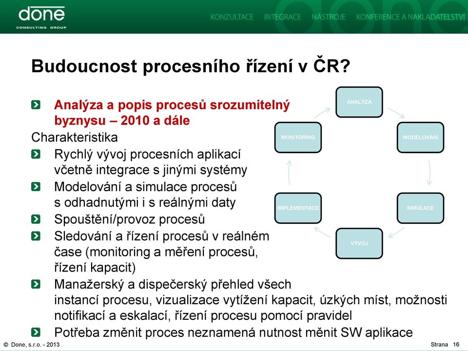 procesů s odhadnutými i s reálnými daty Spouštění/provoz procesů Sledování a řízení procesů v reálném čase (monitoring a měření procesů, řízení kapacit) ský a