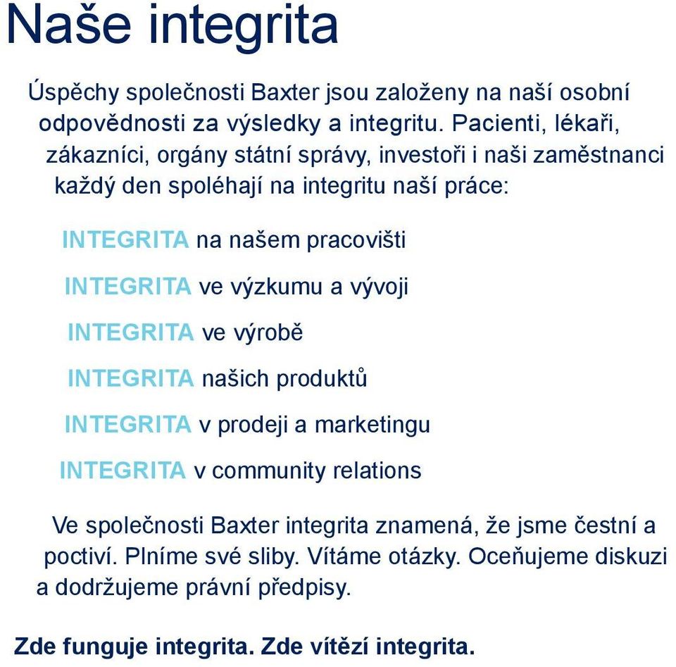 pracovišti INTEGRITA ve výzkumu a vývoji INTEGRITA ve výrobě INTEGRITA našich produktů INTEGRITA v prodeji a marketingu INTEGRITA v community