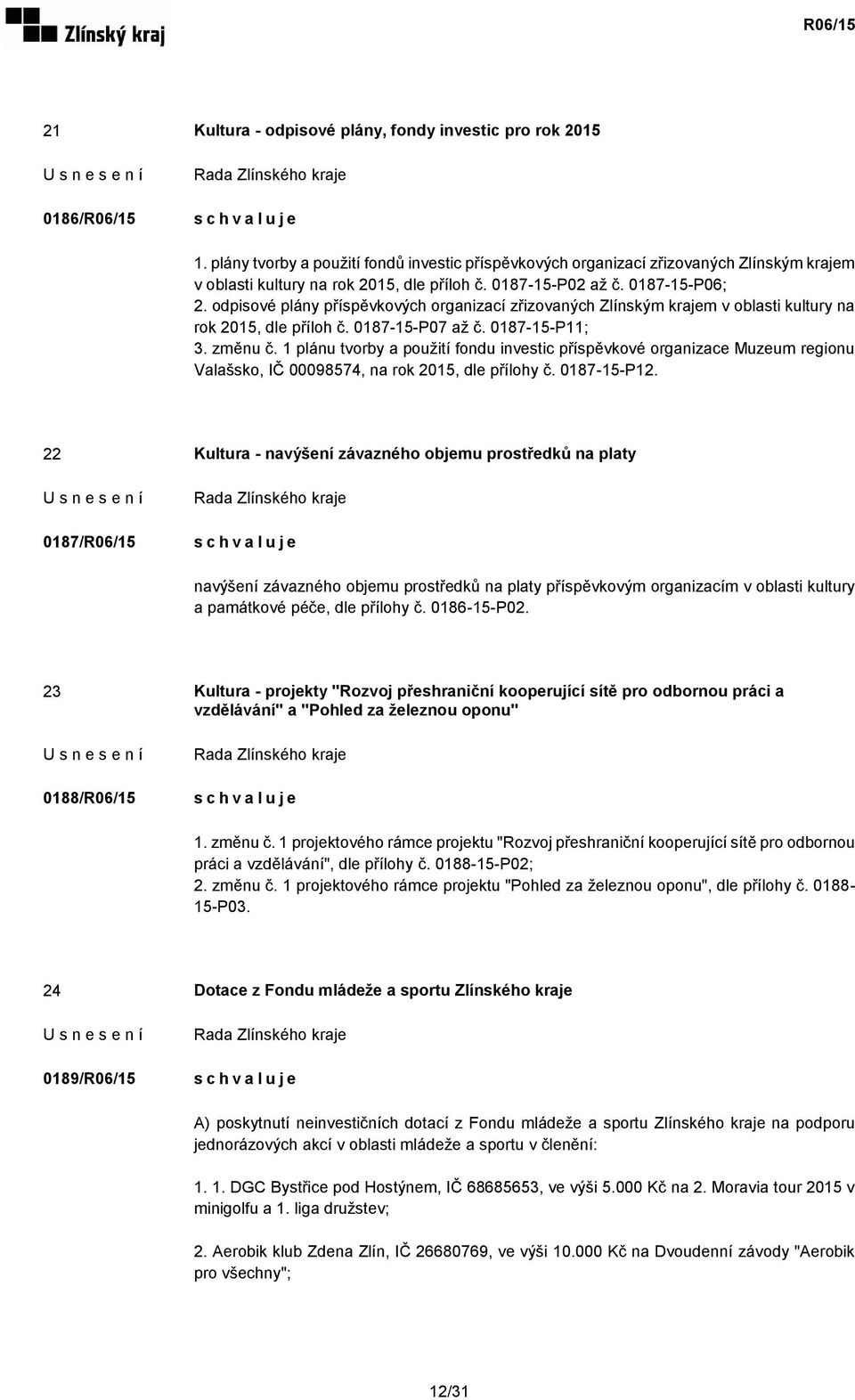 odpisové plány příspěvkových organizací zřizovaných Zlínským krajem v oblasti kultury na rok 2015, dle příloh č. 0187-15-P07 až č. 0187-15-P11; 3. změnu č.