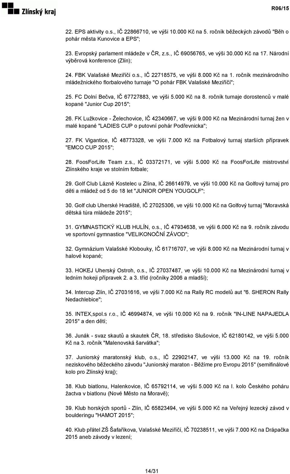 FC Dolní Bečva, IČ 67727883, ve výši 5.000 Kč na 8. ročník turnaje dorostenců v malé kopané "Junior Cup 2015"; 26. FK Lužkovice - Želechovice, IČ 42340667, ve výši 9.