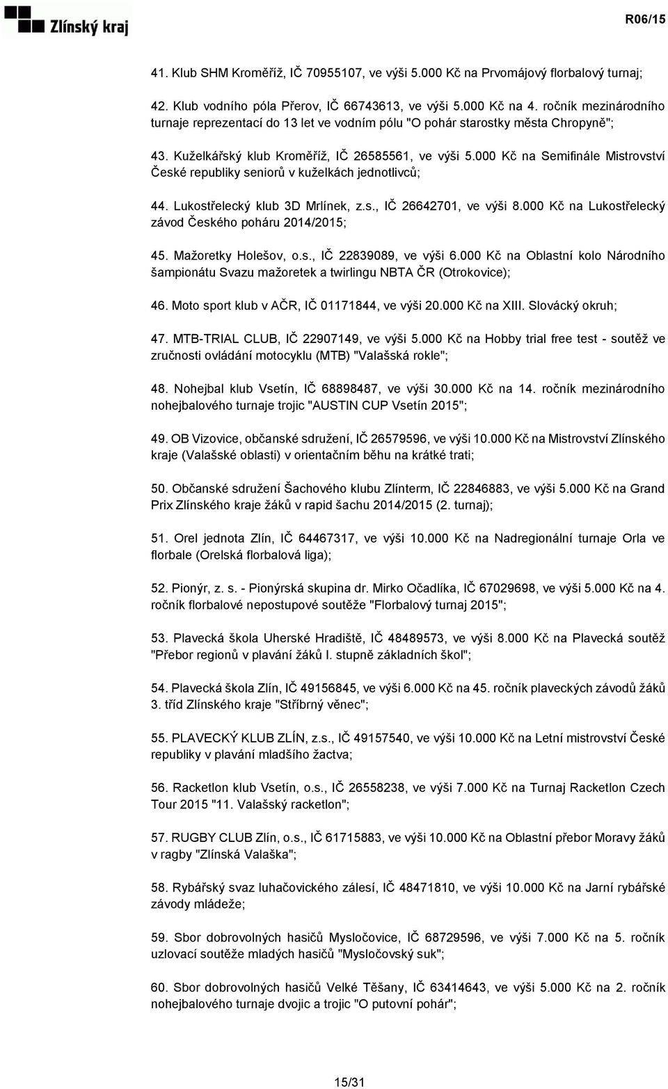 000 Kč na Semifinále Mistrovství České republiky seniorů v kuželkách jednotlivců; 44. Lukostřelecký klub 3D Mrlínek, z.s., IČ 26642701, ve výši 8.