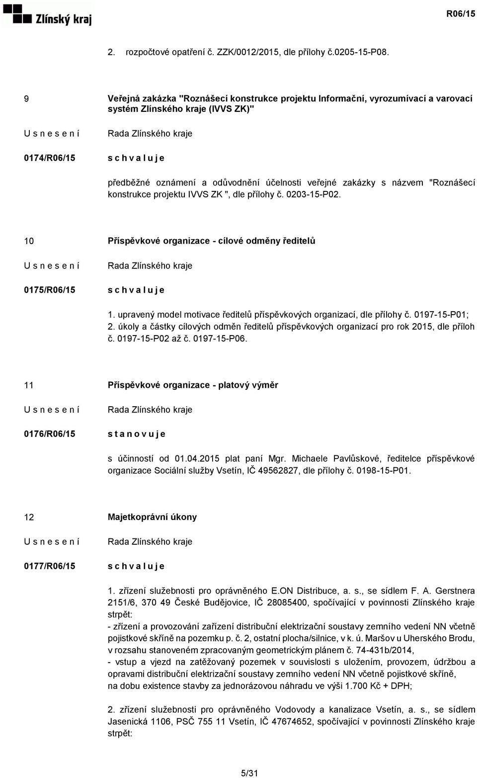 "Roznášecí konstrukce projektu IVVS ZK ", dle přílohy č. 0203-15-P02. 10 Příspěvkové organizace - cílové odměny ředitelů 0175/R06/15 1.