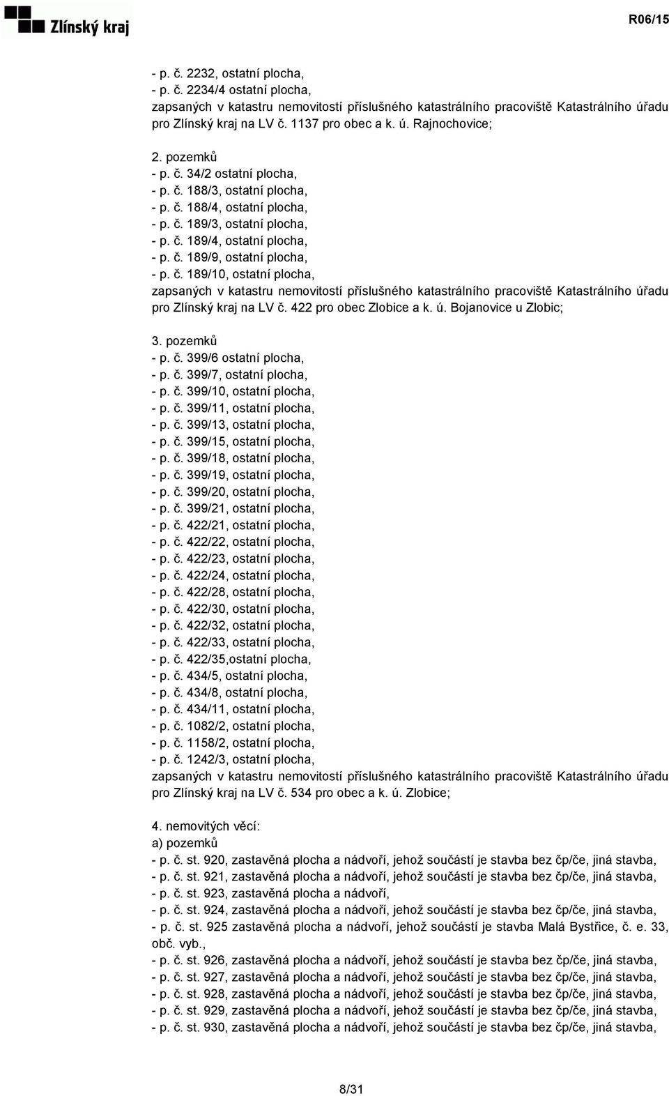 422 pro obec Zlobice a k. ú. Bojanovice u Zlobic; 3. pozemků - p. č. 399/6 ostatní plocha, - p. č. 399/7, ostatní plocha, - p. č. 399/10, ostatní plocha, - p. č. 399/11, ostatní plocha, - p. č. 399/13, ostatní plocha, - p.