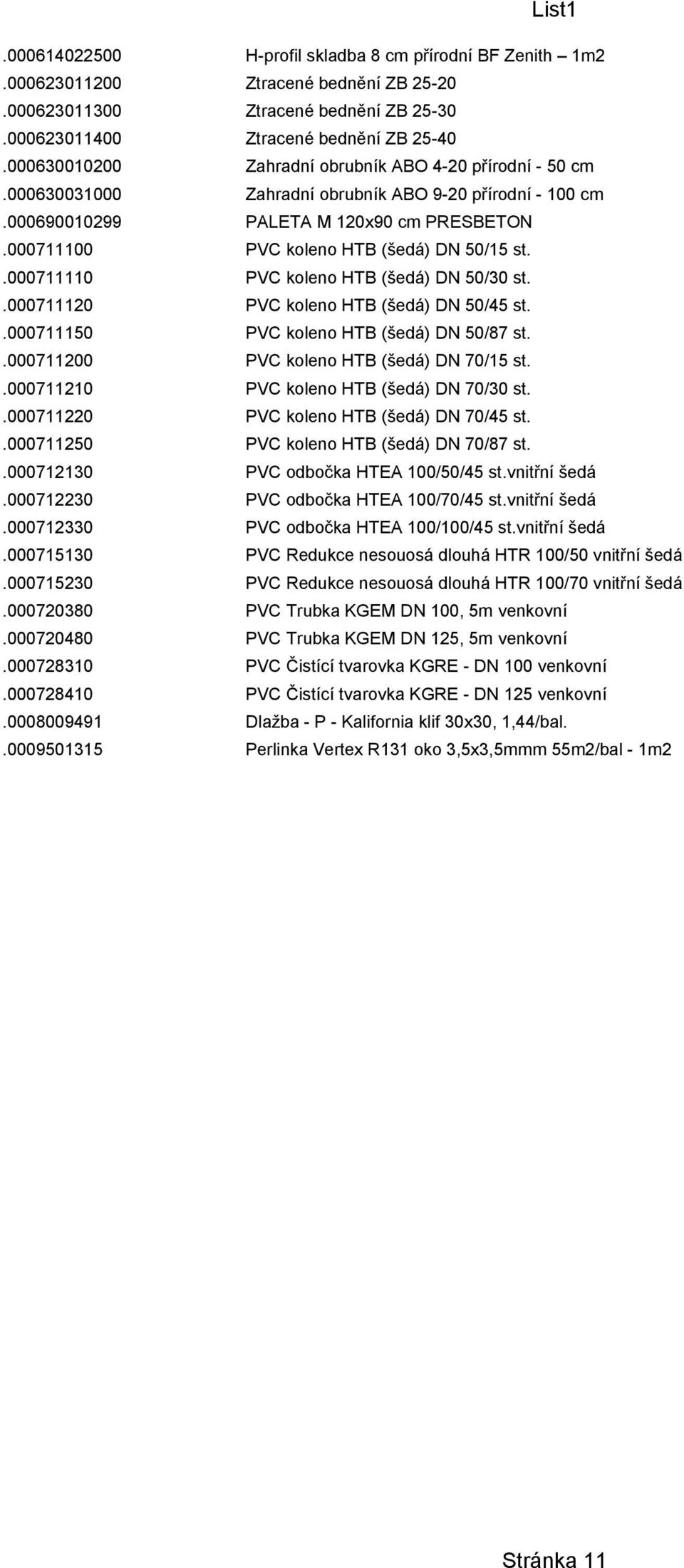 000711100 PVC koleno HTB (šedá) DN 50/15 st..000711110 PVC koleno HTB (šedá) DN 50/30 st..000711120 PVC koleno HTB (šedá) DN 50/45 st..000711150 PVC koleno HTB (šedá) DN 50/87 st.