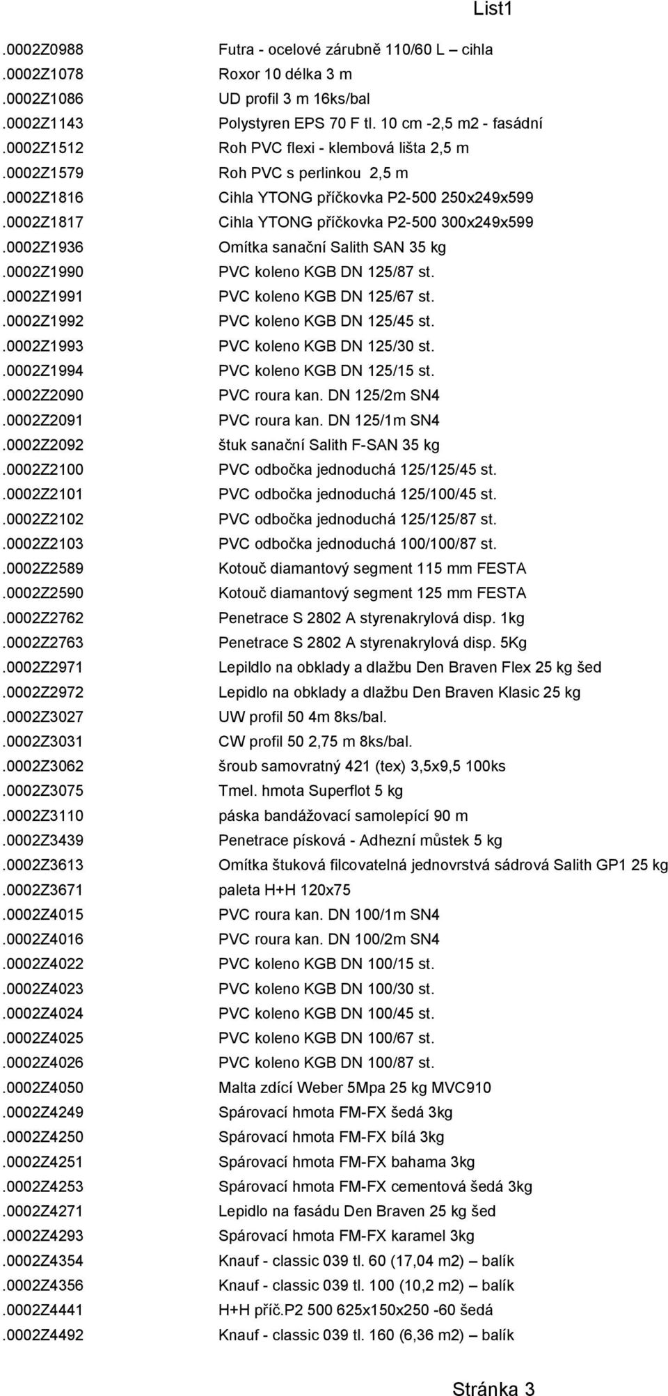 0002Z1936 Omítka sanační Salith SAN 35 kg.0002z1990 PVC koleno KGB DN 125/87 st..0002z1991 PVC koleno KGB DN 125/67 st..0002z1992 PVC koleno KGB DN 125/45 st..0002z1993 PVC koleno KGB DN 125/30 st.