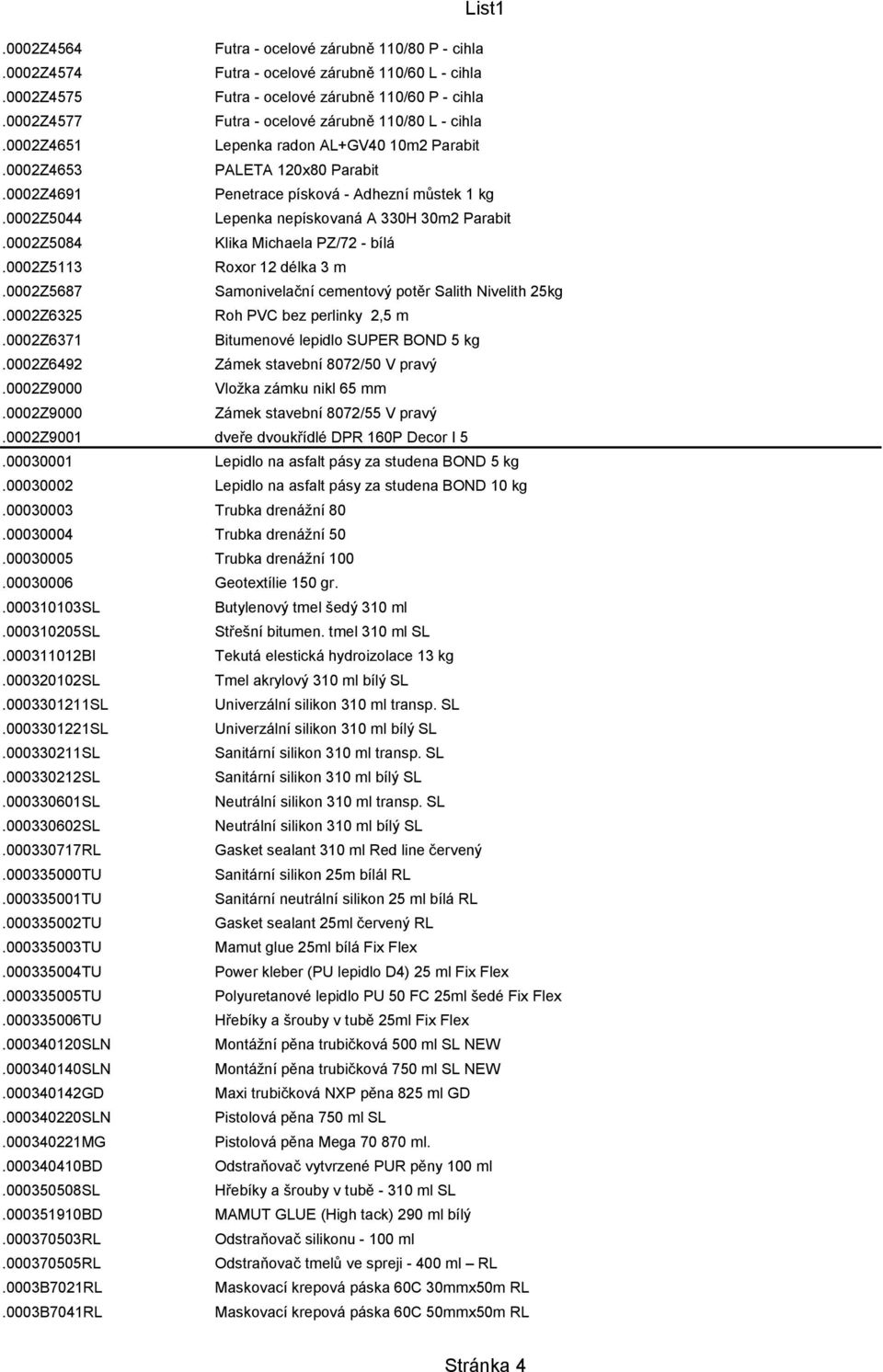 0002z5044 Lepenka nepískovaná A 330H 30m2 Parabit.0002Z5084 Klika Michaela PZ/72 - bílá.0002z5113 Roxor 12 délka 3 m.0002z5687 Samonivelační cementový potěr Salith Nivelith 25kg.