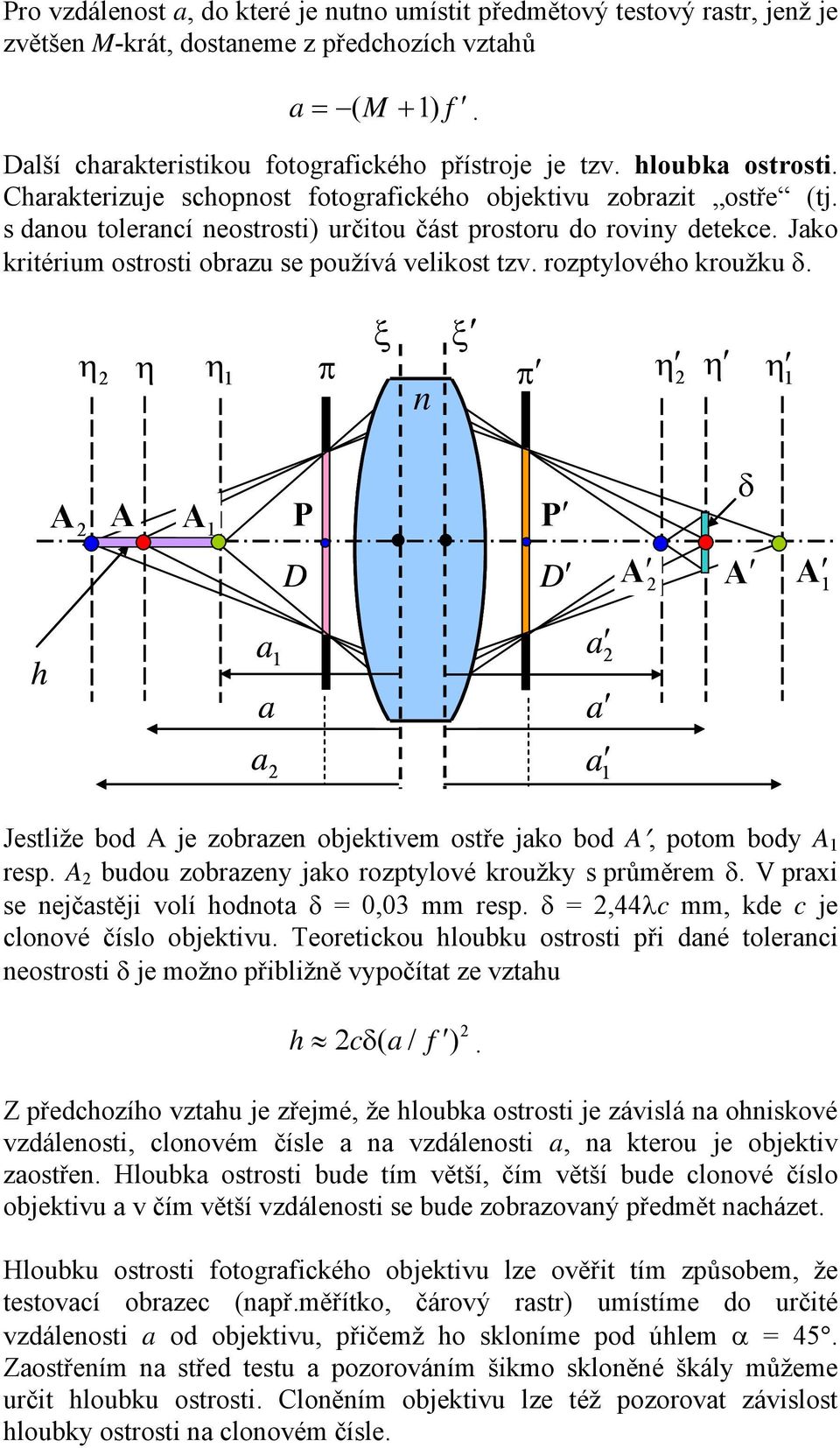 rozptylového kroužku δ. ξ ξ η η π π η η η n η A A P P A δ D D A A A h Jestliže bod A je zobrzen objektivem ostře jko bod A, potom body A resp. A budou zobrzeny jko rozptylové kroužky s průměrem δ.