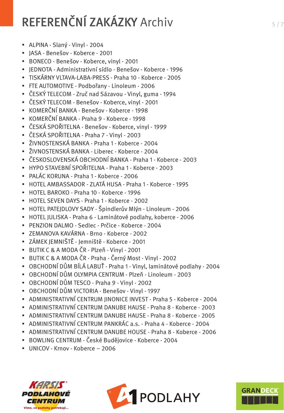 ČESKÁ SPOŘITELNA - Benešov - Koberce, vinyl - ČESKÁ SPOŘITELNA - Praha - Vinyl - ŽIVNOSTENSKÁ BANKA - Praha - Koberce - ŽIVNOSTENSKÁ BANKA - Liberec - Koberce - ČESKOSLOVENSKÁ OBCHODNÍ BANKA - Praha