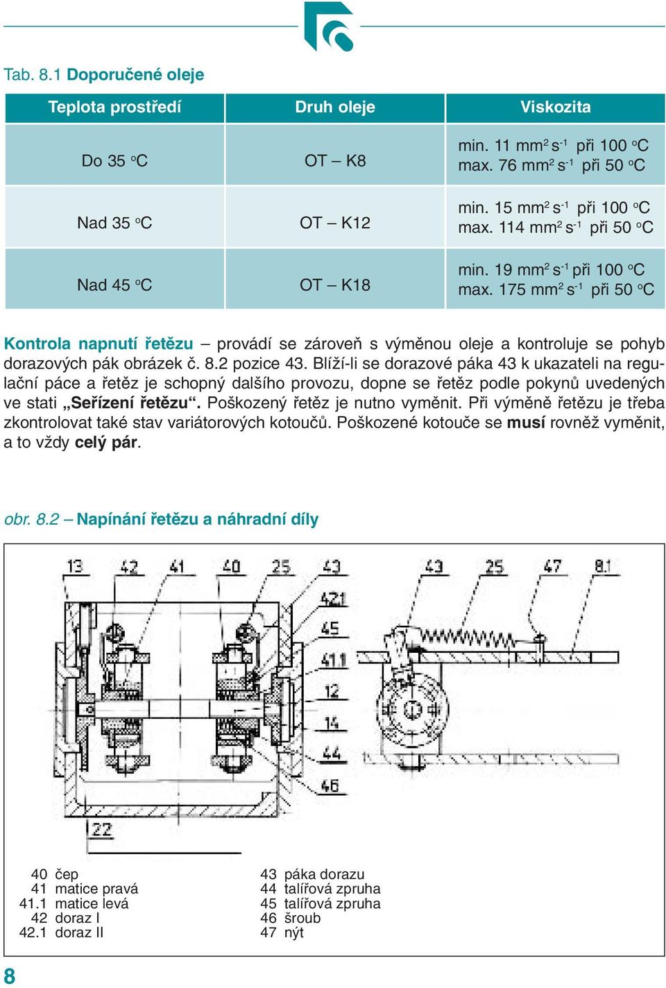 175 mm 2 s -1 při 50 o C Kontrola napnutí řetězu provádí se zároveň s výměnou oleje a kontroluje se pohyb dorazových pák obrázek č. 8.2 pozice 43.