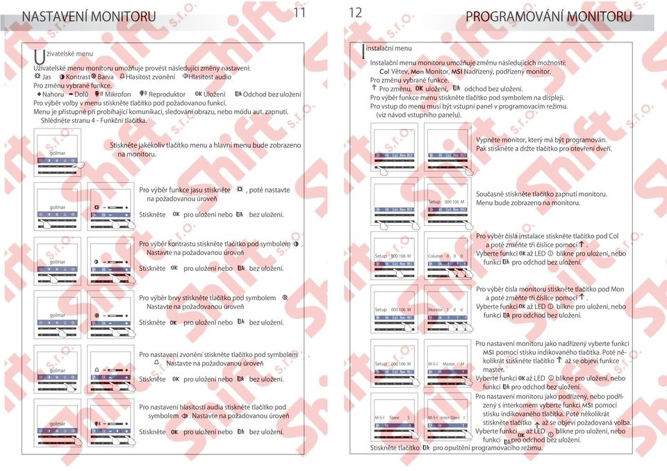 Menu je přístupné při probíhající komunikaci, sledování obrazu, nebo módu aut. zapnutí. Shlédněte stranu 4 - Funkční tlačítka.