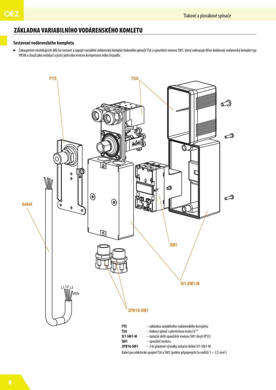 nebo čerpadla: kabel PTS základna variabilního vodárenského kompletu TSA 1/4 tlakový spínač s převlečnou maticí G SI1-SM1-M izolační skříň spouštěče motoru SM1