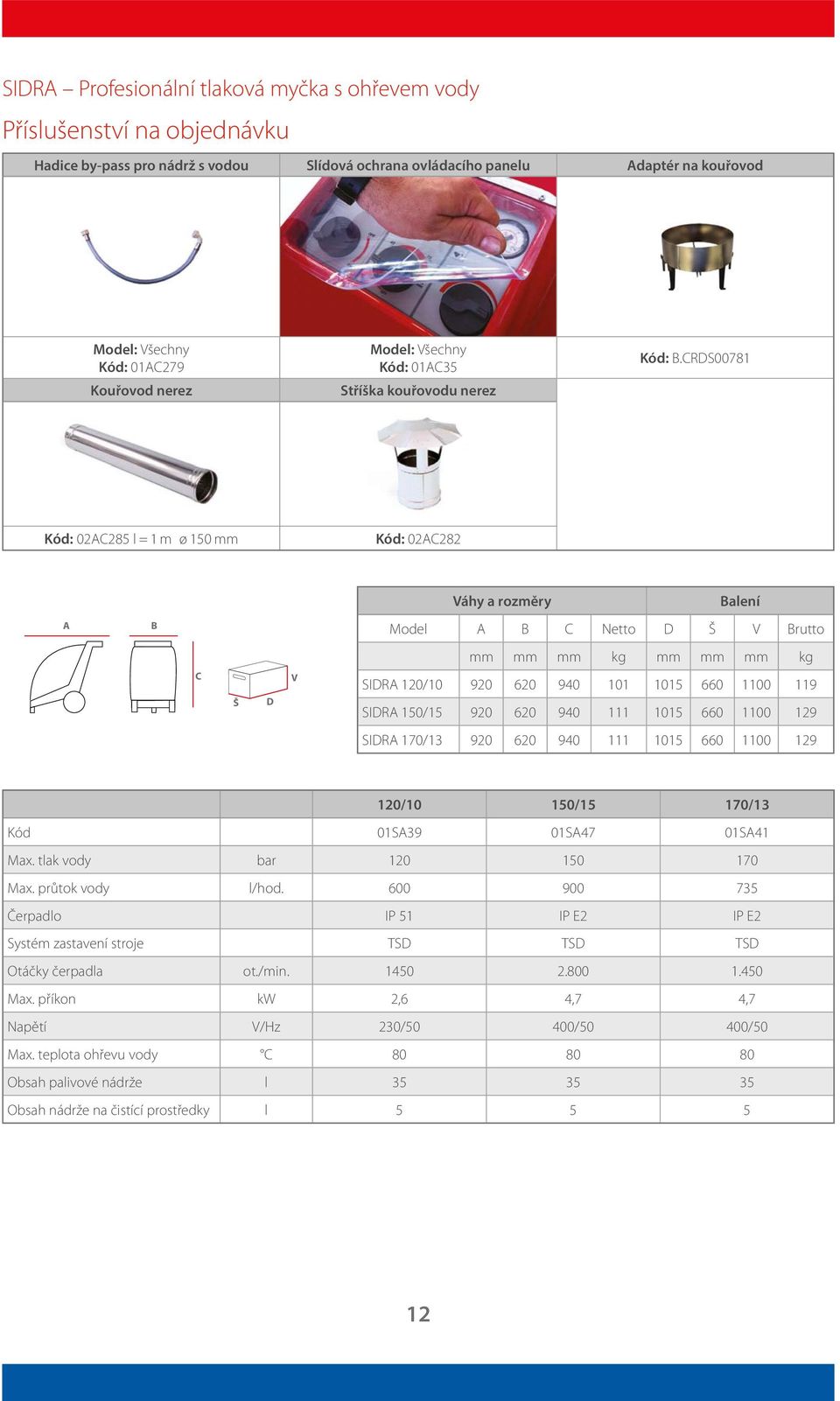 CRDS0078 Kód: 0AC85 l = m ø 50 mm Kód: 0AC8 Váhy a rozměry Balení A B Model A B C Netto D Š V Brutto mm mm mm kg mm mm mm kg C Š D V SIDRA 0/0 90 60 940 0 05 660 00 9 SIDRA 50/5 90 60 940 05 660 00 9