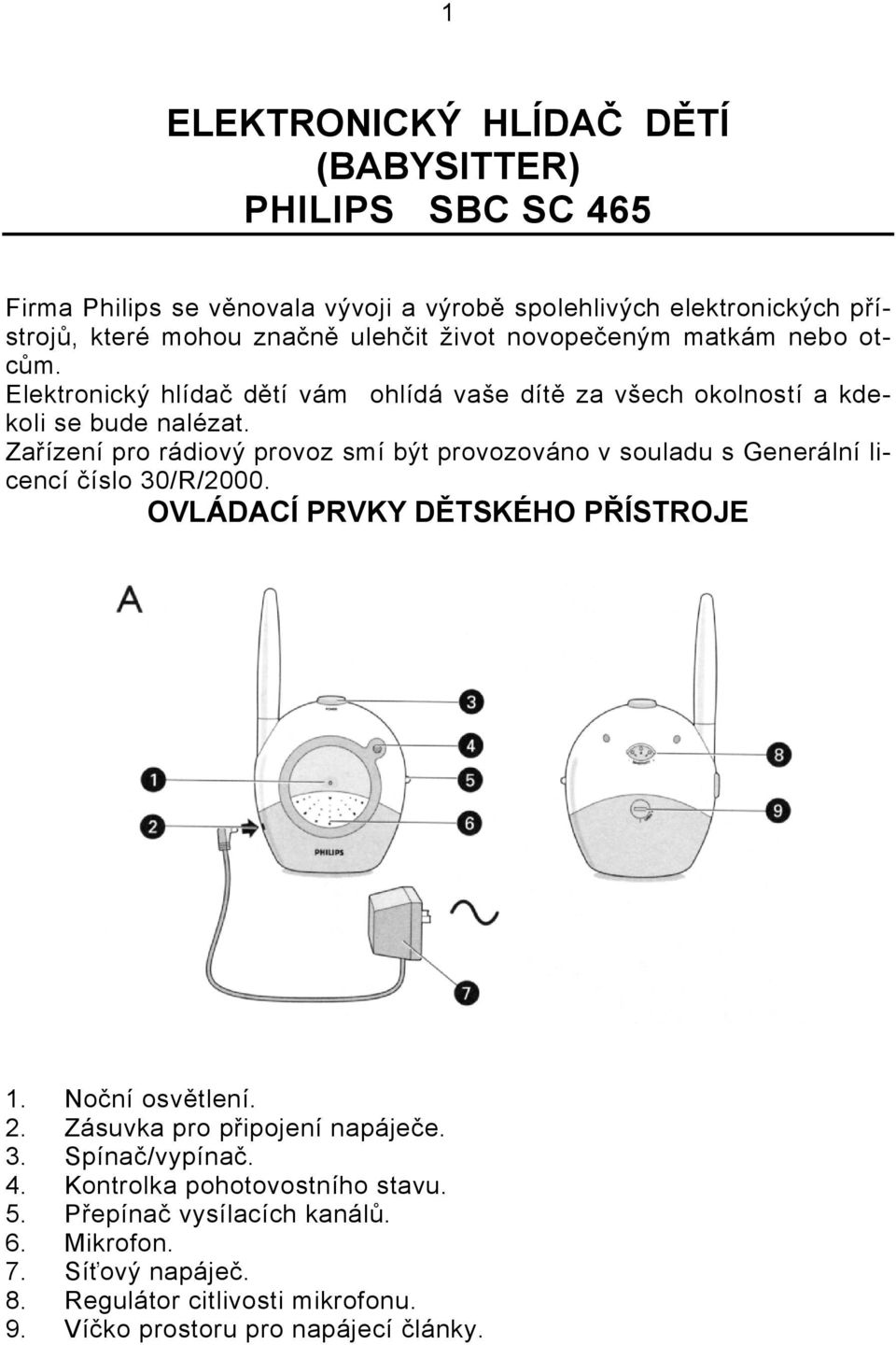 Zařízení pro rádiový provoz smí být provozováno v souladu s Generální licencí číslo 30/R/2000. OVLÁDACÍ PRVKY DĚTSKÉHO PŘÍSTROJE 1. Noční osvětlení. 2.