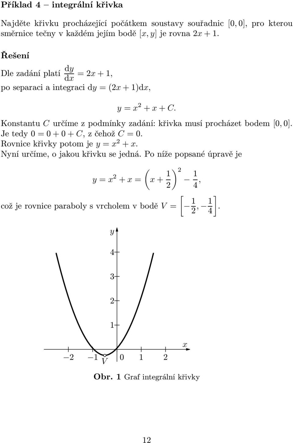 Konstantu C určíme z podmínky zadání: křivka musí procházet bodem[0, 0]. Jetedy0=0+0+C,zčehož C=0. Rovnicekřivkypotomje y= x 2 + x.