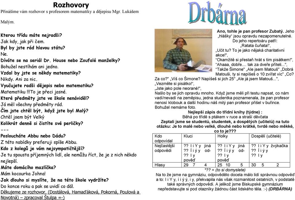 Které předměty jste ve škole nenáviděl? Já měl všechny předměty rád. Čím jste chtěl být, když jste byl Malý? Chtěl jsem být Velký Kolikrát denně si čistíte své perličky?